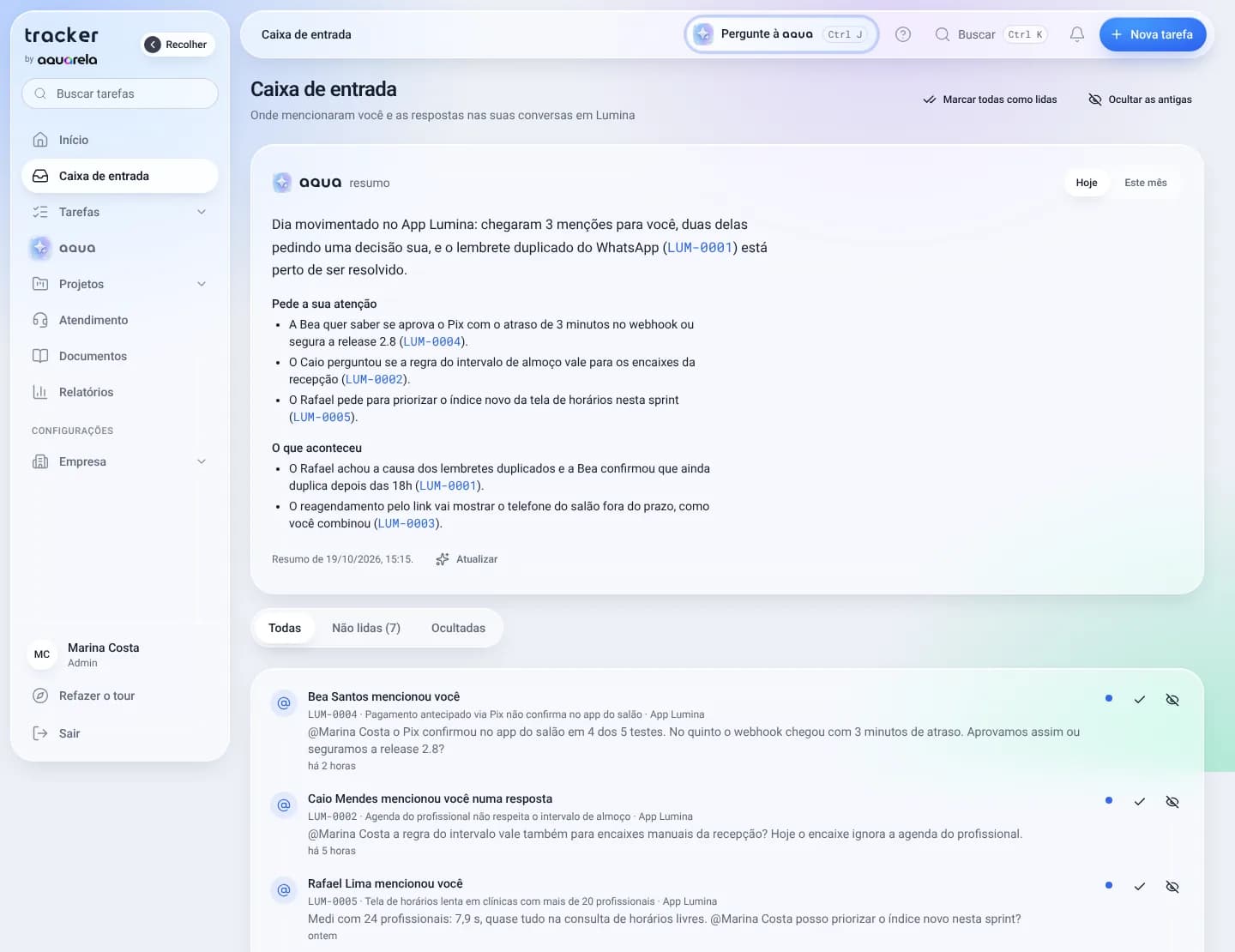 Inbox with aqua's summary of the day and the mentions from each task