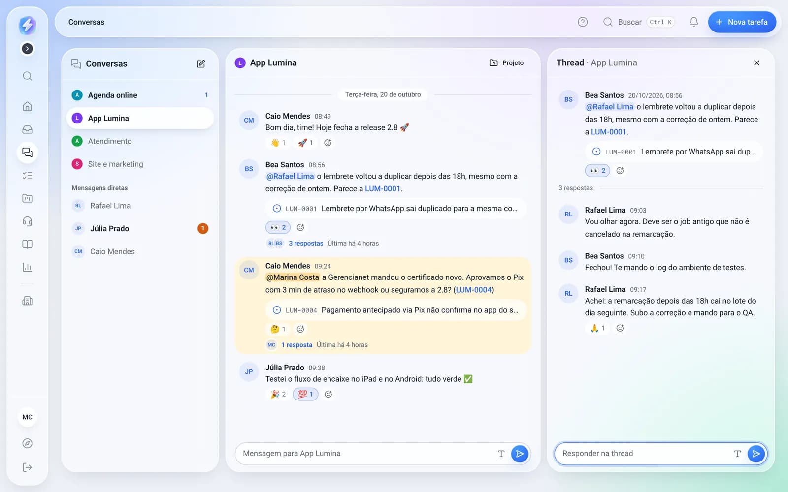 tracker chat with the project channels and direct messages on the left, messages in the middle and an open thread on the right