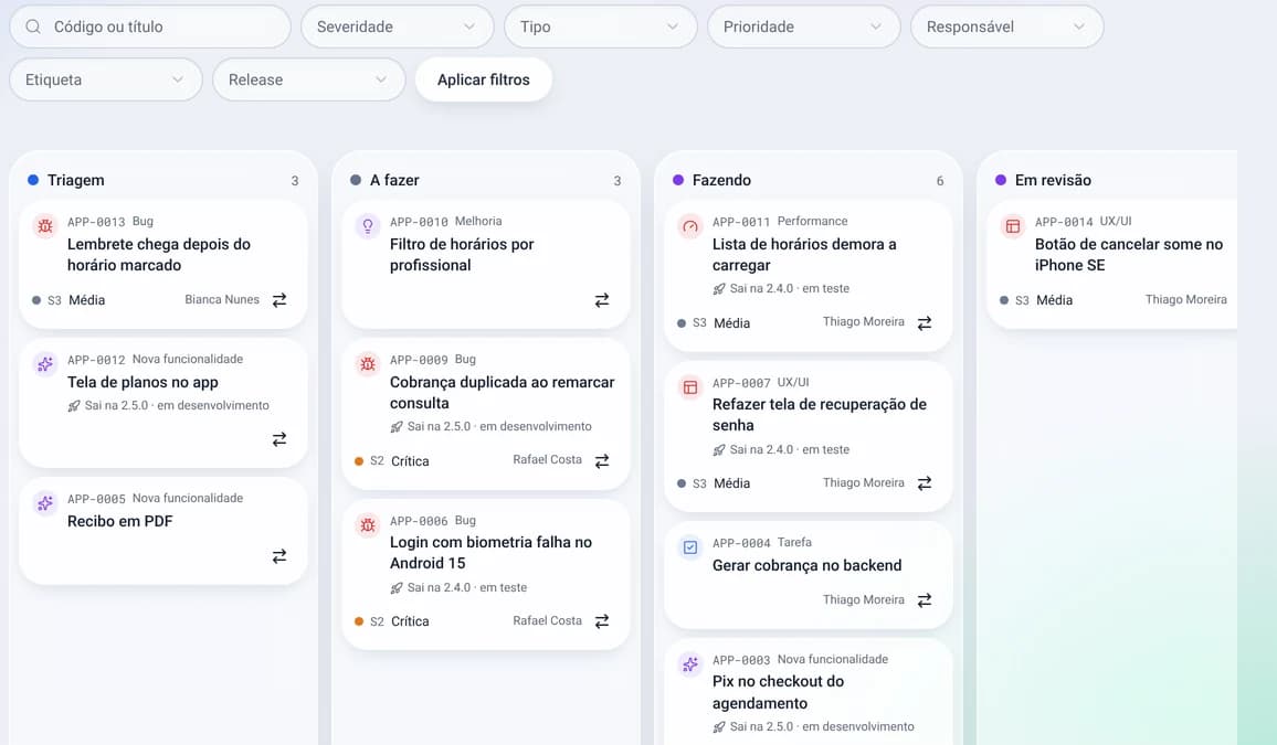 A project board with the workflow columns and task cards