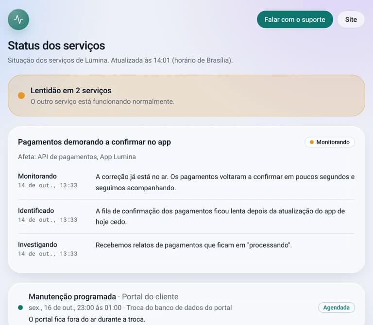 Public status page with an incident being monitored